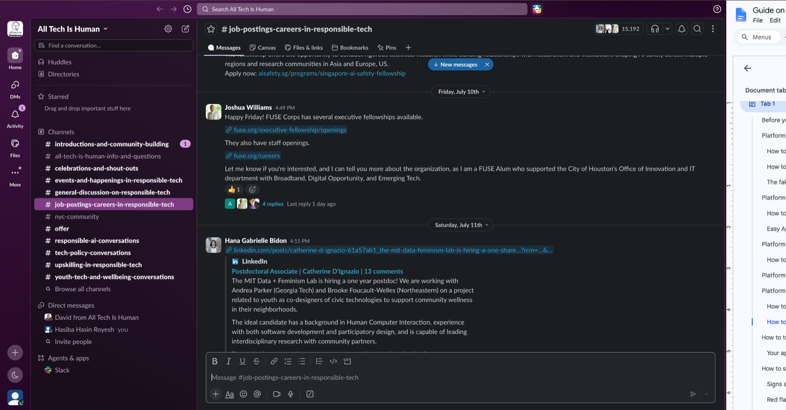 The All Tech Is Human Slack workspace with the job-postings-careers-in-responsible-tech channel open, showing the full channel sidebar