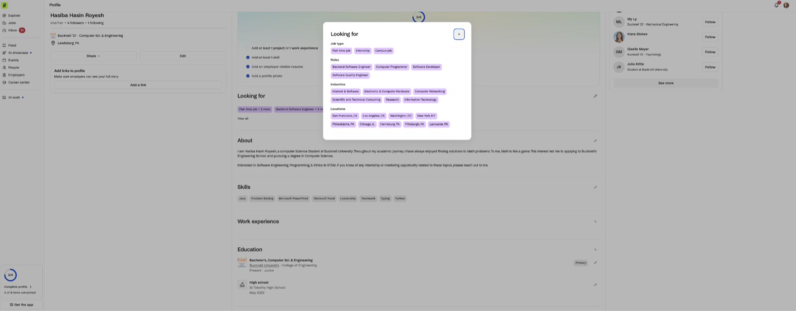 The Looking for section of a Handshake profile, showing job type, roles, industries, and location preferences filled in