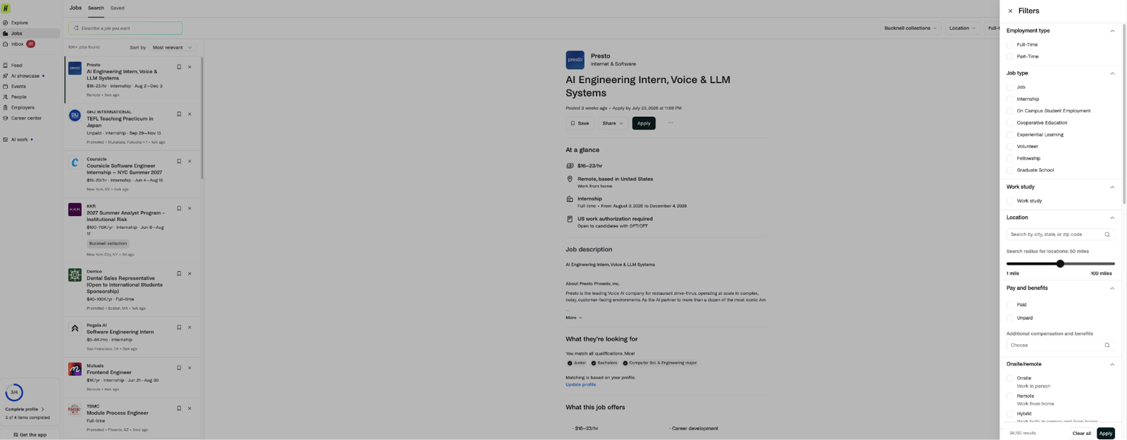 A Handshake job search results page with the Filters panel open, showing employment type, job type, location, pay, and onsite/remote filters