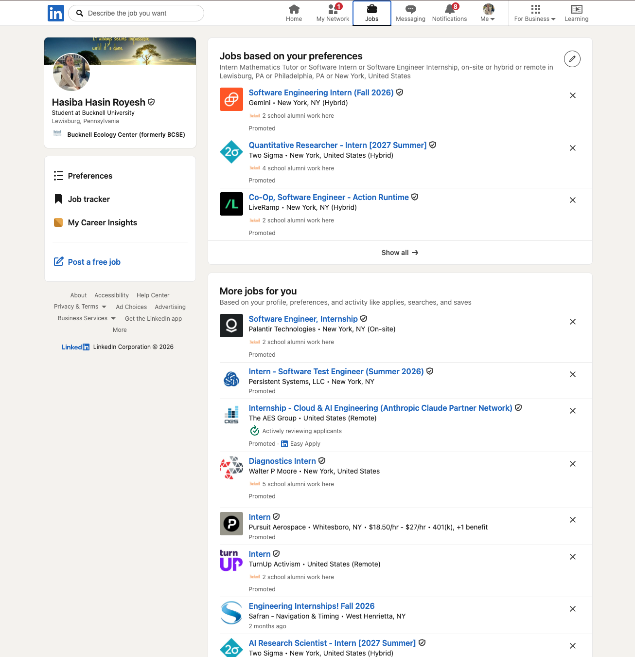 LinkedIn Jobs page showing jobs based on my preferences and more jobs for you, matched to my profile