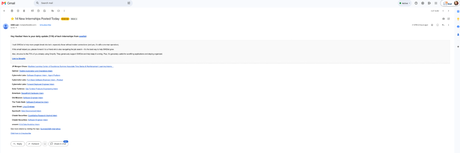 A daily email from the software engineering job list showing fourteen new internships posted that day, addressed to Hasiba