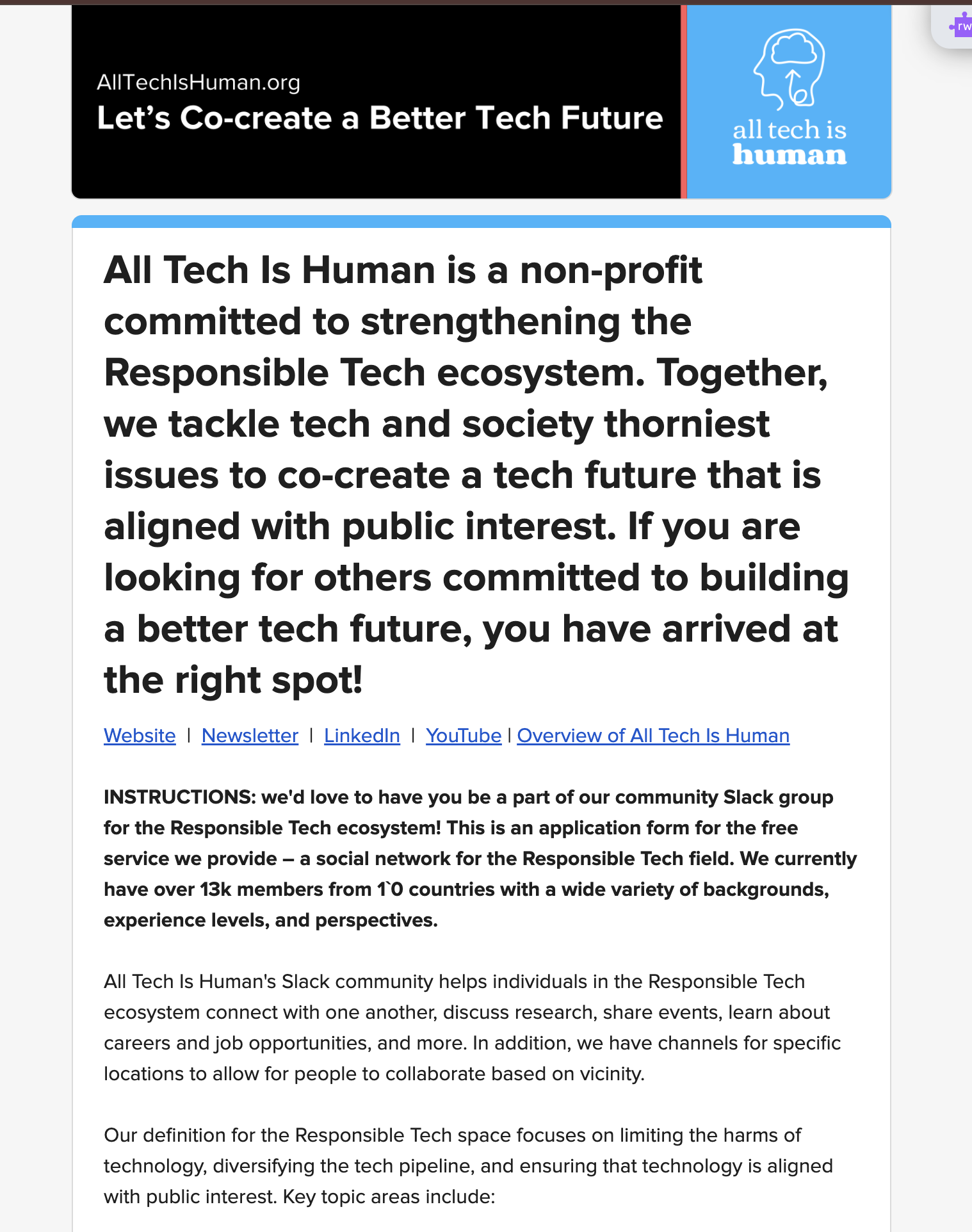 The Google Form application to join the All Tech Is Human Slack community, describing the community and asking for background information