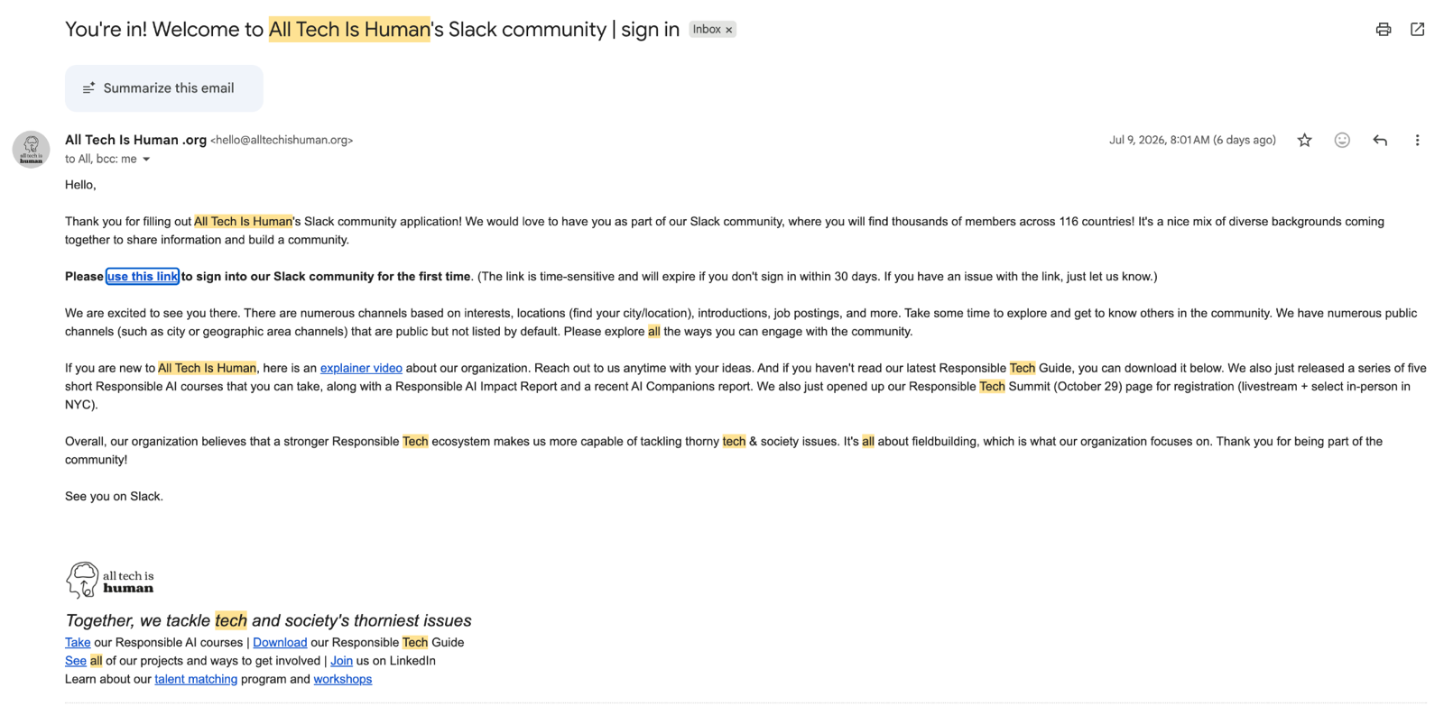 A confirmation email welcoming the applicant to the All Tech Is Human Slack community, with a link to sign in for the first time