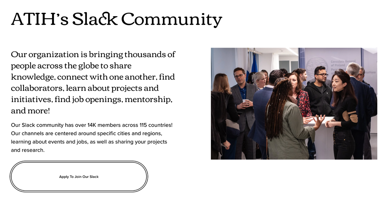 The All Tech Is Human website section describing the Slack community, with an Apply to Join our Slack button