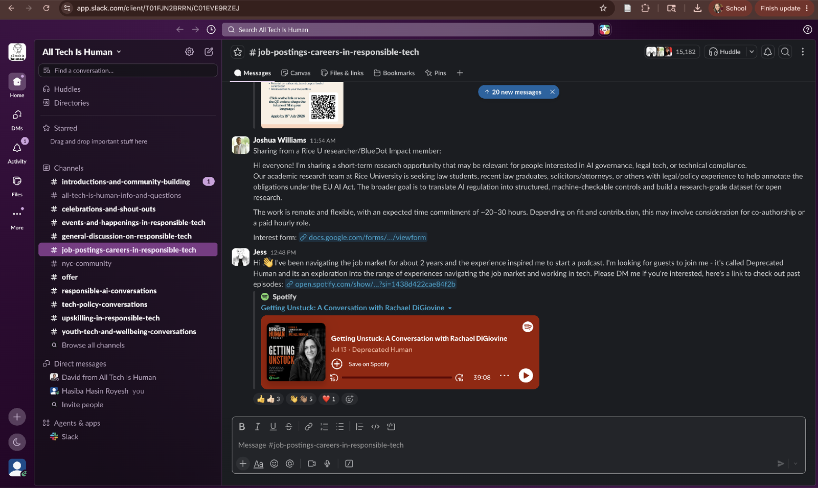 The job-postings-careers-in-responsible-tech Slack channel open, showing the full channel sidebar and members posting about research and podcast opportunities